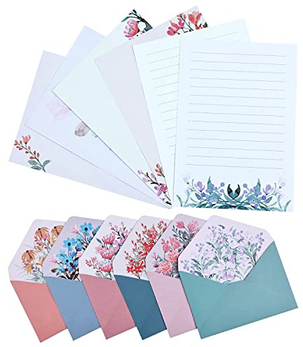 24 PCS Writing Stationery Paper with 12 PCS Envelops, Stationary Paper and Envelopes Set Unique Flower Design Writing Paper and Envelopes Lined Letter Writing Set for Invitation Gifts (6 Sets)