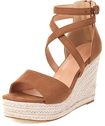Lroey Reoly Espadrille con Tacco Alto Donna, Sandali Punta Aperta Eleganti Zeppa Scarpe da Sera con Plateau Fibbia con Cinturino Alla Caviglia 201 Camel Numero 35 EU