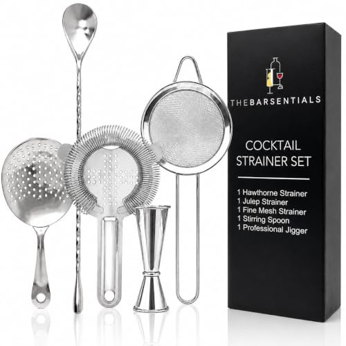 TheBarsentials Juego de colador de cóctel de acero inoxidable con cuchara agitadora – Colador Hawthorne, colador Julep, colador de malla fina, Jigger