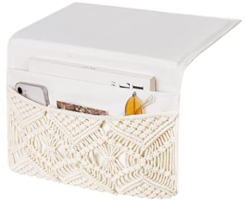Mkono Macrame Bedside Caddy Storage Organizer Boho Fernbedienung Tablet Magazinhalter mit 4 Taschen Rutschfeste Bedside Caddy für Home Schlafzimmer Wohnzimmer College Schlafsaal Bett, Elfenbein