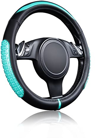Flying Banner car Steering Wheel Cover Gel Massage Velvet Cool Warm Universal Size 15 inches SUV Truck Anti Slip Odorless Summer Winter (Black Mint Blue, Gel Massage)