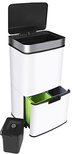 Ribelli Edelstahl - Mülltrennsysteme mit 3+1 Fächer - Mülleimer mit Sensor - 72 Liter (2x12 + 1x48 L) - Design Treteimer aus Edelstahl - Weiß