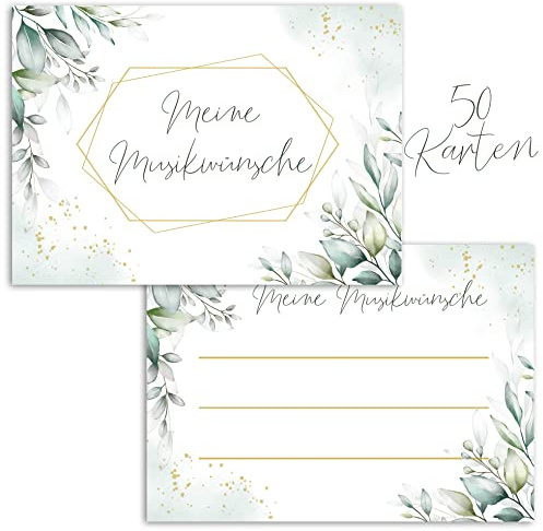 E&G Klasse 50x Musikwunschkarten Hochzeit Party Geburtstag Grün Aquarell Blätter A7 2 Seitig Set Musik DJ Wunsch Karten Jubiläum 20 30 40 50 60 70 80 Musikkarten Partykarten Eukalyptus Musikwünsche