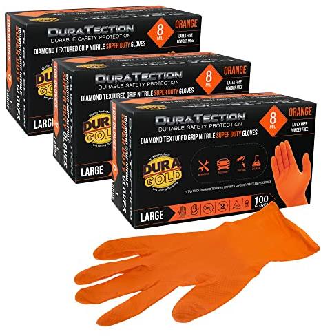 Dura-Gold Duratection 8 Mil Orange Super Duty Diamond Textured Nitrile Disposable Gloves, 3 Boxes of 100, Large - Latex Free, Powder Free, Food Safe, Safety Protection Work Gloves, Industrial