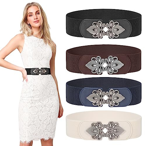 LEACOOLKEY 4 Pack Women Wide Elastic Waist Belt for Dress Plus Size Vintage Stretch Belt Retro Buckle 2.36 Width