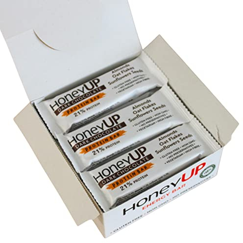 HoneyUP Barritas Proteicas de Chocolate Negro y Almendras, Copos de Avena y Semillas de Girasol, 12 x 40 g | Sin Azúcares Añadidos | Veganas y Sin Gluten