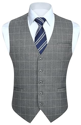 HISDERN Anzugweste für Herren Formale Weste Hochzeits Party Herrenwesten Plaid Klassisch Business Herren Anzugwesten,Hellgrau-N,XL