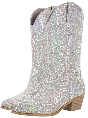 blingqueen Cowboy Stiefel Glitzer Boots Western Absatz Silber 39 EU