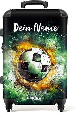 NoBoringSuitcases.com® Koffer personalisiert, Koffer Kinder, 67x43x25cm - Reisekoffer - Kinderkoffer, Koffer für Kinder - Hartschalenkoffer - Fußball in Grün - Mittelgroß mit Rollen, Koffer mit Namen