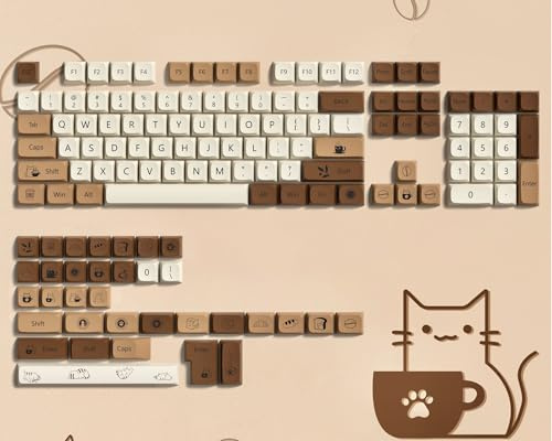 Brown PBT Keycaps 140 Keys XDA Profile Cute Key caps Dye-Sublimation Coffee Cat Keycaps Set Custom Key caps for Cherry Gateron MX Swithes Mechanical Keyboard(Spacebar is 6.25U/7U)