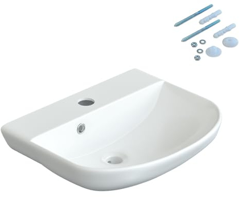 Waschbecken aus Keramik 44 x 36 cm Waschtisch Hängewaschbecken Halbrund Ovales Handwaschbecken Weiß Badezimmer Gäste WC mit Hahnloch Überlauf Stockschrauben | OHNE Wasserhahn | OHNE Ablaufventil