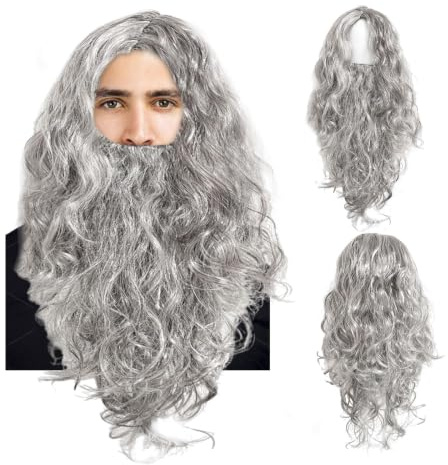 EUPSIIU Herren Bart Cosplay Perücke Retro Lang Grau Perücke für Männer Fasching Mottoparty Karneval Perücken (Grau)
