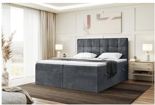 MEBLINI Boxspringbett mit Bettkasten - 180x200 - Gepolstert Doppelbett mit Matratze und Topper - Polsterbett mit Stauraum - Bett mit Kopfteil - Kai - H4/Dunkelgrau Samt