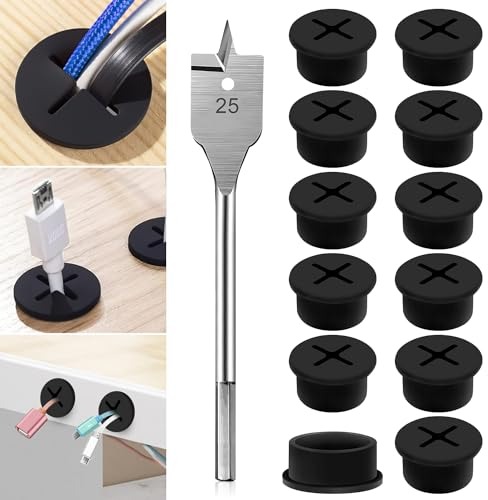Flexible Silikon Kabeldurchführung 25mm Silikon Kabeltülle 12Stk Mit 25mm Bohrer Schreibtisch Kabeldurchführung Tisch Kabellochabdeckung Für Möbel Büro Konferenztisch Erfahrung Desk(Schwarz)