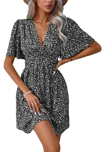LIAMERHE Klänning dam kortärmad V-ringad elegant hög midja ledig blommig tryck sommarklänning fjärilsärm klänning, Svart, XXL