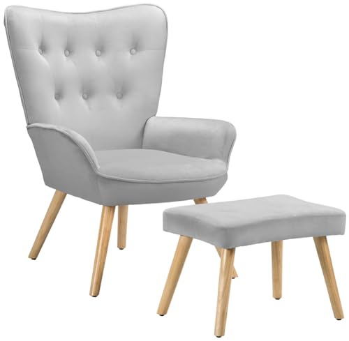 BAKAJI Poltrona con Sgabello da Soggiorno, Poltroncina con Pouf Poggiapiedi da Salotto, Sedia per Camera da Letto Imbottita con Rivestimento in Velluto Morbido, Braccioli Alti, Design Moderno (Grigio)
