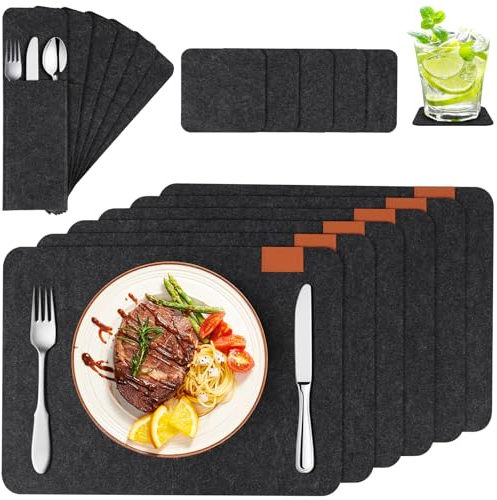 WUFANC Tischsets Platzsets Abwaschbar 18 Stück, Rutschfest Und Leicht Zu Reinigen, Inklusive 6 Tischset, 6 Untersetzer Und 6 Bestecktasche Aus Filz, Geeignet Für Familienessen