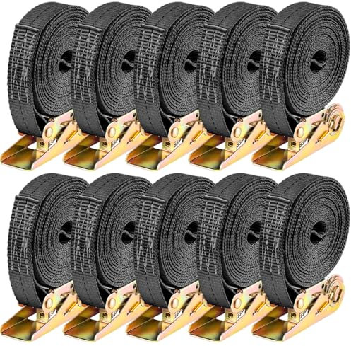 Youyijia 10 Pack Heavy Duty Ratchet Tie Down Straps, 6M x 25mm, 800KG Load Capacity, Adjustable Tensioning Belts for Motorcycles, Trailers, Cars, Cargo (Black)