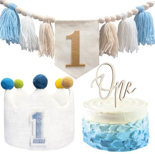 Yoolhamy 1st Birthday Banner for High Chair Boho 1st Birthday Hat Decorations Party For Baby Girl Boy Shower Crown Hats Wall Hangings Cake Topper Set (Baby Boy Crown)