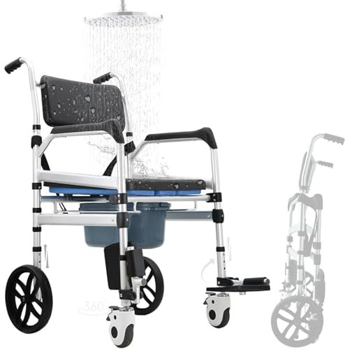 SAIYERUS Shower Chair with Wheels 4 in 1 Folding Padded Bedside Commode Wheelchair Height Adjustable Detachable Bucket with Wheels Lifting Armrests Flip-up Footrest for Elderly Disabled (Black)
