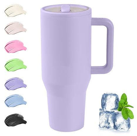 Thermobecher mit Strohhalm und Henkel, 40oz/ 1200ml Kaffeebecher to go Thermo, 100% Auslaufsicher Edelstahl Isolierbecher | Flip-Strohhalm Deckel | Spülmaschinenfest | BPA Frei (Lila)