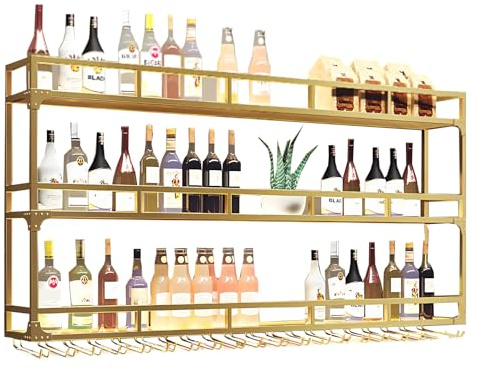 RAJYQODIS Weinregal Wand mit Glashalter, 3 Ebenen Weinpareite Display Rack, Weinflasche Glashalter Wandmontage für Esszimmer Home Bar Küche (Gold, 180cm)