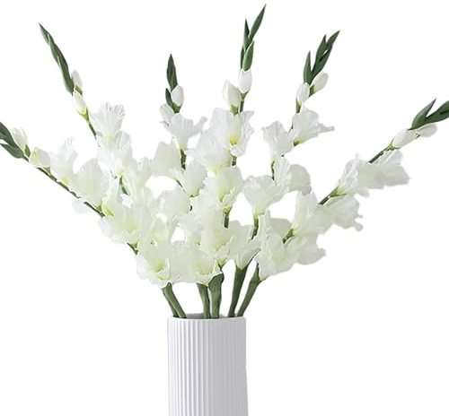 Lovmeety Weiße Gladiolen, künstliche Gladiolen, Seide, Gladiolen, Blumen mit Stielen, künstliche Gladiolen, für Hochzeit, Zuhause, Party, Büro, Blumenarrangement, Tafelaufsatz, Dekoration, 6 Stück