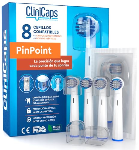 8 Testine Spazzolino Elettrico Ricambio Compatibile con Oral-B Setole Precise per Pulizia Mirata CliniCaps PinPoint Doppia Protezione Bustina Asettica e Cappuccio Protettivo