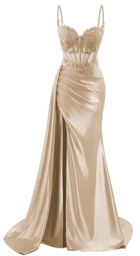 Vestidos de dama de honor de satén para mujer para boda con abertura, vestidos de graduación, vestidos de cóctel, talla grande, champán, 34