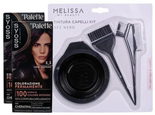2X Colorazione Permanente, 3_3 Viola Profondo con Cheratina, Fino a 100 Giorni di Colore Intenso, 100% Copertura Capelli Bianchi, per Ottenere un Risultato Professionale + Set Tinta Capelli da 3pz