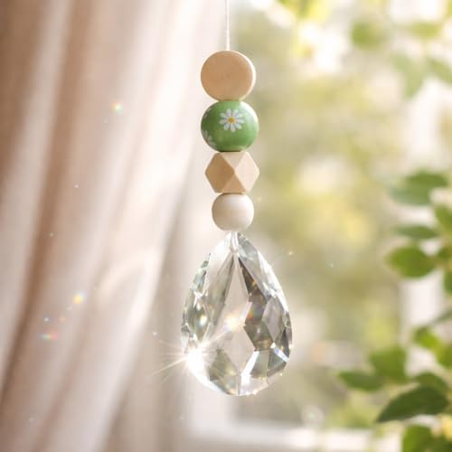 Handgemachter Sonnenfänger Lichtfänger Fensterdeko Gänseblümchen grün | 50mm Kristall-Anhänger, mit Holzperlen, Länge 120 cm, liebevoll handgemacht