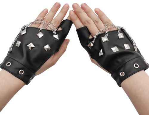 XCSJ Punk Handschuhe Fingerlos Mit Nieten,Pu Leder Aushöhlen Fingerlose Handschuhe Punk Accessoires Halb Steampunk Finger für Halloween, Karneval, Party, Cosplay