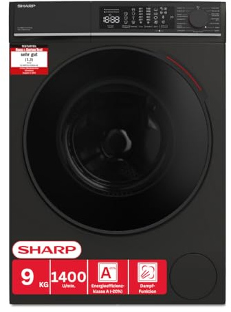 Sharp ES-WNFL914CMDA-DE Waschmaschine, 9 kg, 1400 U/min, Energieeffizienzklasse A (-20%), Inverter Motor, AquaStop, AquaGuard, WiFi, LED-Touch, Dampf-Funktion, Schwarz