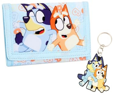 Bluey Kids Wallet and Keychain Set – Toddler Trifold Coin Purse Pocket for Cash with Zipper and Clear ID Travel Back to School for Boys or Girls.