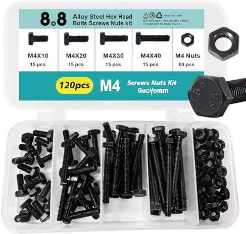 GuoYomm Lot de 120 vis M4 à tête hexagonale en acier au carbone 8,8 degrés - Longueur : 10 mm, 20 mm, 30 mm, 40 mm
