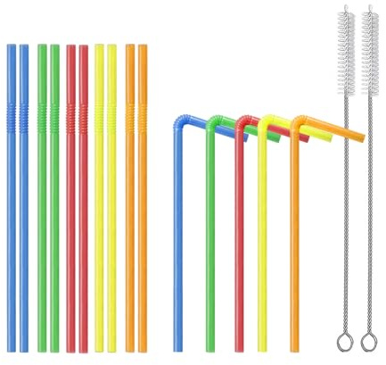 200 Stück Farbige Strohhalme 5×210 mm + 2 Reinigungsbürsten, Wiederverwendbare Strohhalme für Saft, Milch, Cocktails, Heiße und Kalte Getränke