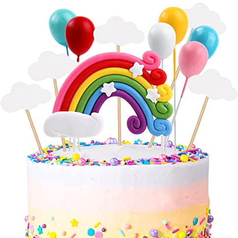 Cake Topper Kit, Birthday Cake Topper Rainbow Cloud Theme Party Decorations Cakes Cupcake Decoration Party Supplies Rainbow Balloon Figures for Boy Girl, Anniversary Wedding Baby Shower, 12 Pieces