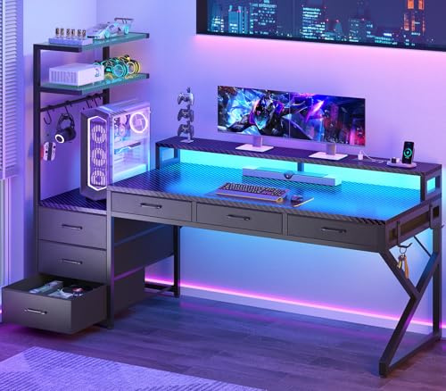 SEDETA 55 Gaming Desk with 6 Drawers, Corner Gaming Desk with Storage & LED Lights, Reversible PC Desk with Power Outlet, Corner Computer Desk with Hutch, Monitor Stand, Side Hook, Carbon Fiber Black