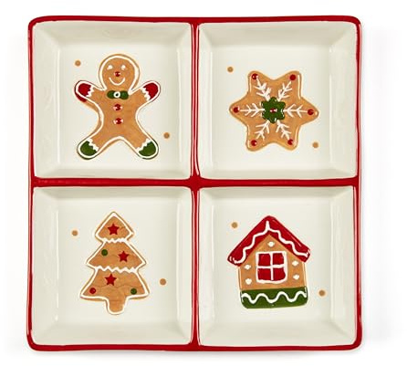 Excelsa Wonderful Ginger - Plato navideño de cerámica, 4 compartimentos, decoración de pan de jengibre, 20 x 20 cm