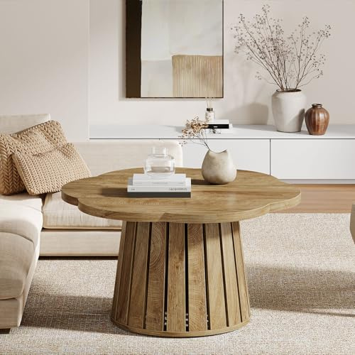 Tribesigns Runder Couchtisch, 85 cm großer Wohnzimmertisch im Landhausstil mit blumenförmiger Tischplatte, Cocktailtisch mit Holzakzenten und ästhetischem Lattenfußdesign für kleine Räume, Wohnzimmer