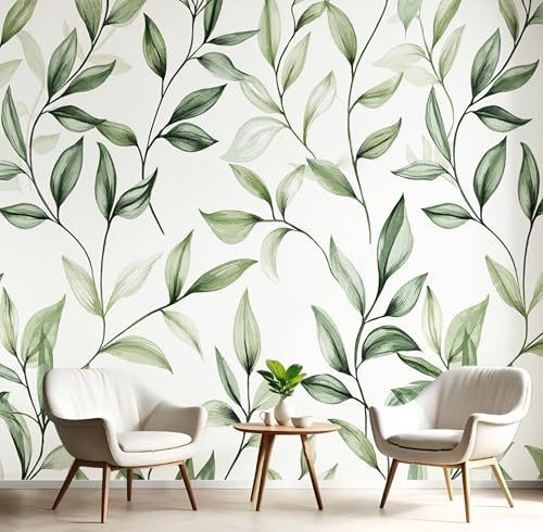 Papel Pintado Panorámico 3D de Seda, 300 x 210cm Hoja De Olivo Sin Costuras Murales Fotográfico, Acuarela Planta para Sala de Estar, Dormitorio Decoración