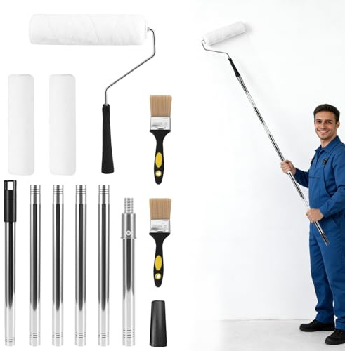 Paint Roller Kit, 12pcs Paint Roller Brush Set 9 Inch Paint Rollers with 1.7m Extension Pole 6 Segmented, Multi-Function Long Paint Rollers Household Wall Painting Tool for Walls and Ceiling