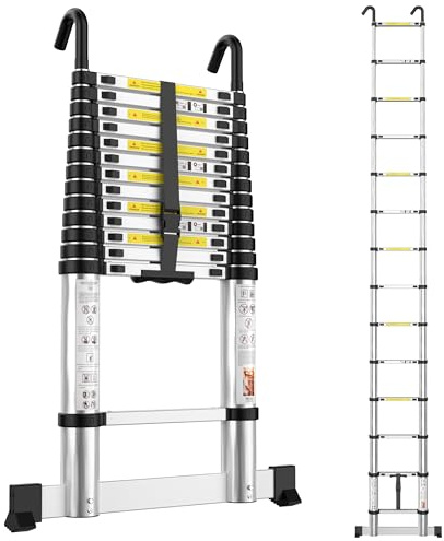 Telescopic Ladder 4.1M Aluminium Loft Ladder, Ladders Extendable with Hooks | Portable Extension Ladders with Stabilizer Bar for Roof Loft Caravans RV