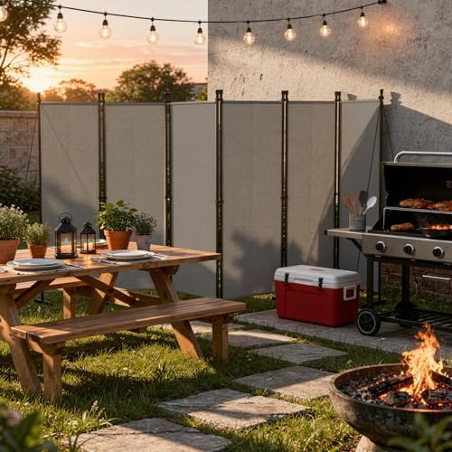 UISEBRT Paravent Outdoor wetterfest mit Heringen und Abspannleinen,Klappbar Freistehend Trennwand ohne Bohren,mobiler sichtschutz für Garten Balkon terrasse,6 Teilig 300 x 180 cm Hellgrau