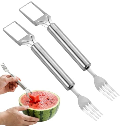 2 in 1 Stainless Steel Fruit Cutter, 2026 New Upgrade Dual Head Fruit Slicer and Fork, Hand Crank Watermelon Cutter for Pineapple Melon, Easy Clean Kitchen Gadget (2PCS)