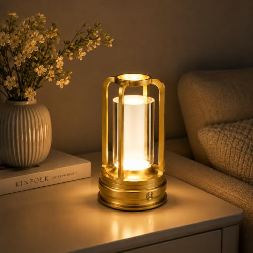 Cpeelsdo Tischlampe Kabellos mit Akku, LED Touch Lampe Dimmbar, USB-C Wiederaufladbar, 3 Farbtemperaturen, Aluminium Tischleuchte für Restaurant, Café, Hotel, Schlafzimmer, Gold