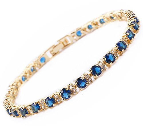 Rizilia evighet tennisarmband [18 cm/7 tum] med runda slipade ädelstenar CZ i 18 K gult guldpläterat, enkel modern elegans, colore: Blue Sapphire, cod. LB1239BLU