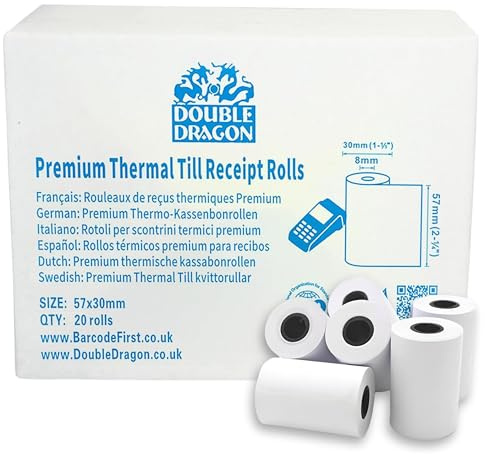 Double Dragon 57 x 30 mm Thermal PDQ Receipt Paper Till Rolls | BPA-Free | Compatible with SumUp, Ingenico, PayZone, Verifone, Clover Printers, Zettle Terminals - 20 Rolls