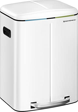 SONGMICS 40 L Mülleimer mit 2 Fächern, 2 x 20 L, Abfalleimer, Treteimer aus Metall, Inneneimer aus Kunststoff, mit Klappdeckel und Griffen, Softclose, luftdicht, weiß LTB40WT