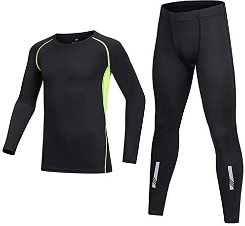 BUYKUD Kids' Girls Boys Long Sleeve Athletic Base Layer Compression Underwear Shirt & Tights Set Unisex, Green, Label Size: 24